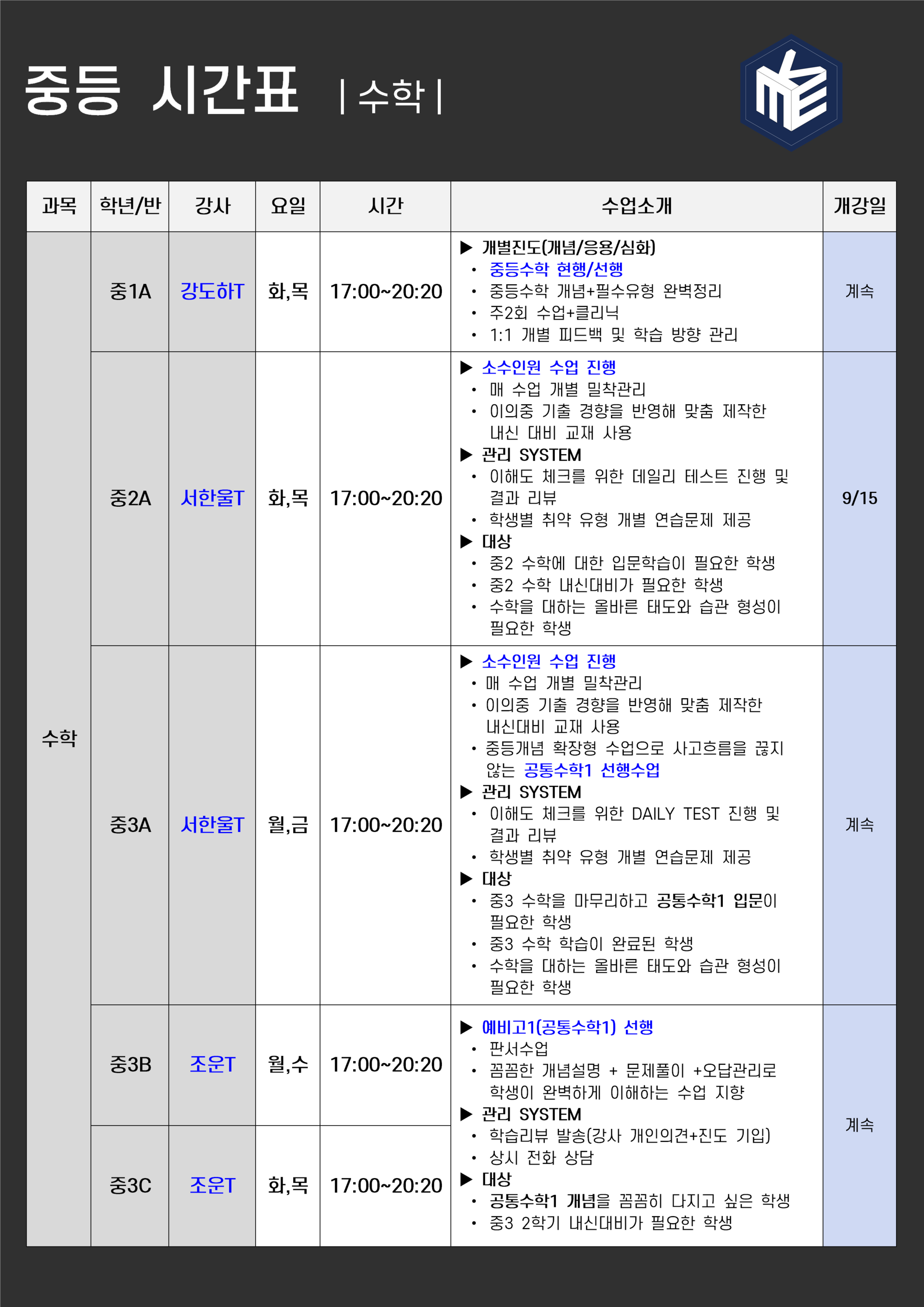 품격에듀 중등 시간표 (수학)