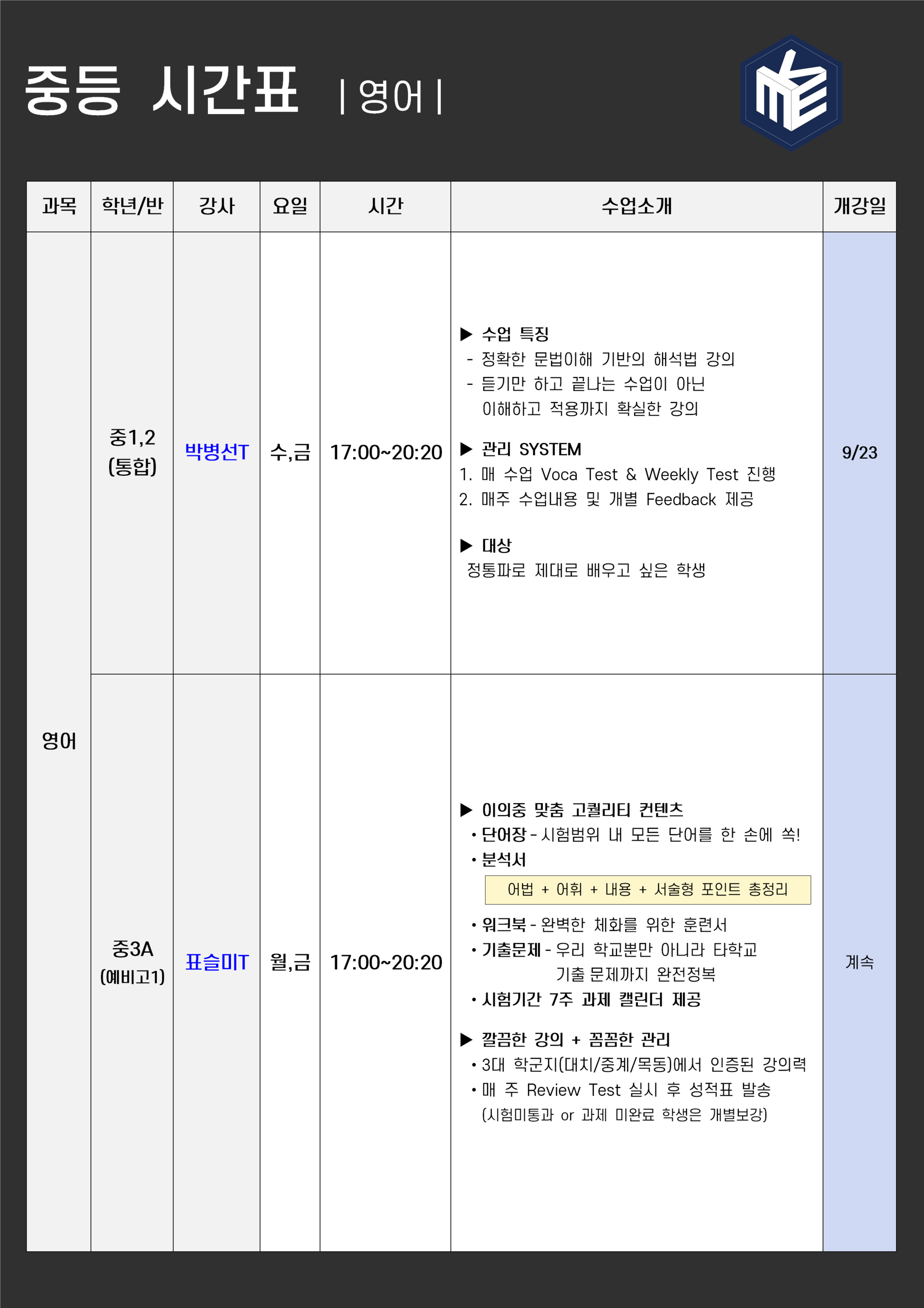 품격에듀 중등 시간표 (영어)